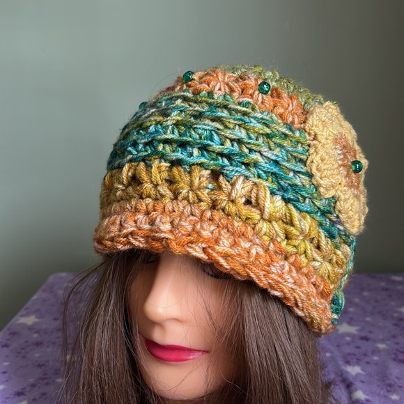 Colorful Crochet Flower beanie medium soft acrylic yarn new - Picture 3 of 10
